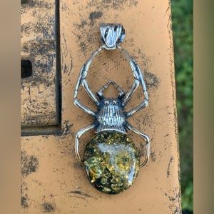 Green amber spider pendant necklace sterling silver Baltic Amber jewelry 925